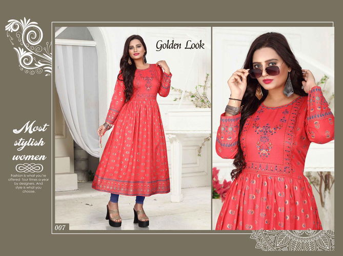 Beauty Queen Golden Look 1 Rayon Printed Designer Long Kurti Collection